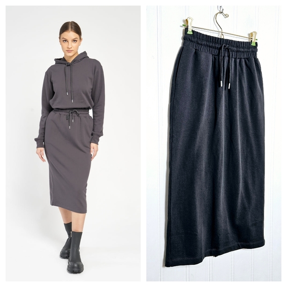 Grana Supima Cotton Gray Terry Maxi Skirt XS Elastic Waist Pockets Slit